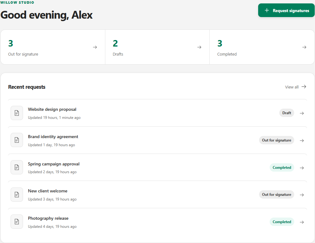 The Willow Studio demo dashboard, showing three requests out for signature, two drafts, and three completed requests.