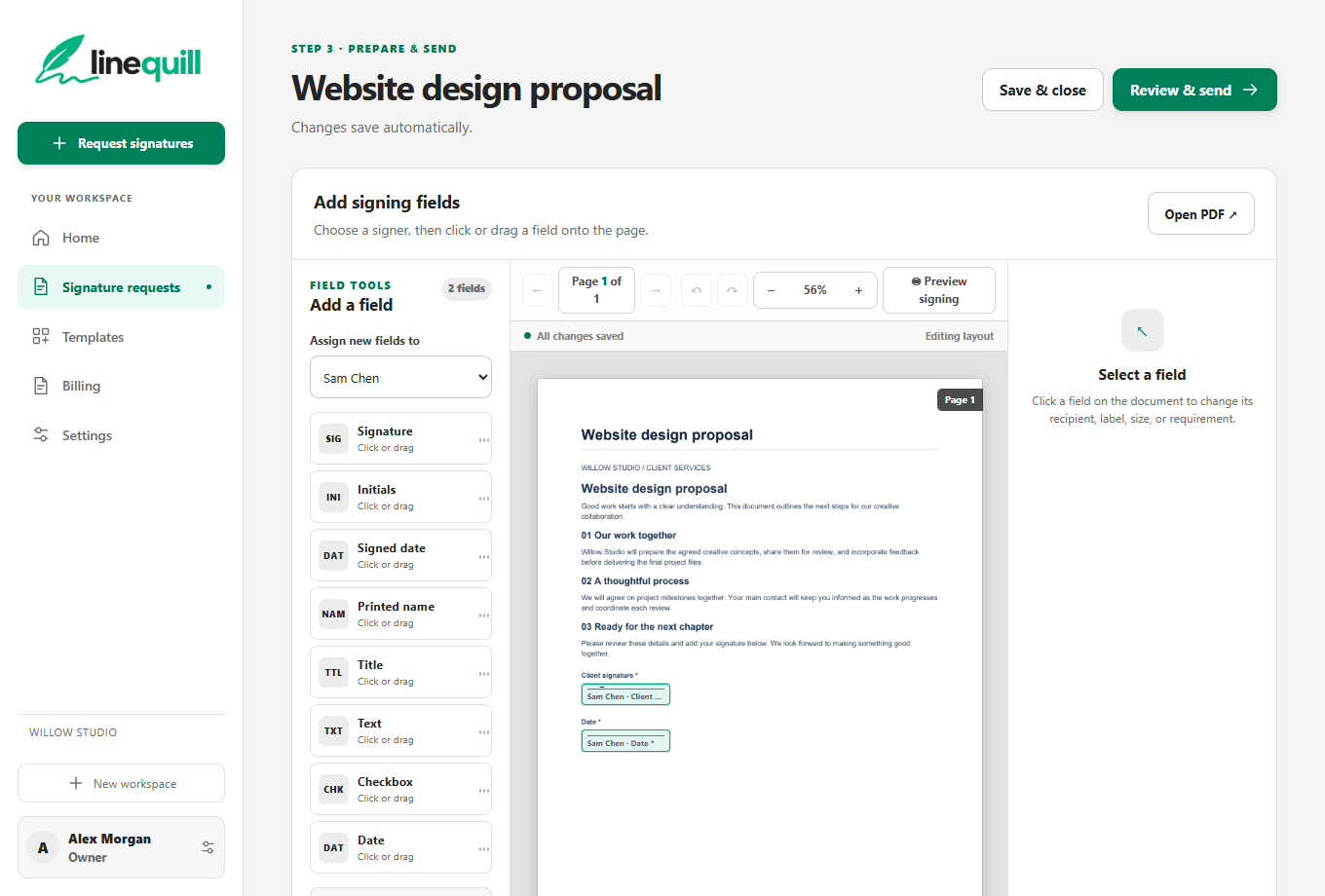 Actual Linequill editor with a sample website design proposal, field tools, and signature and date fields assigned to a fictional client.