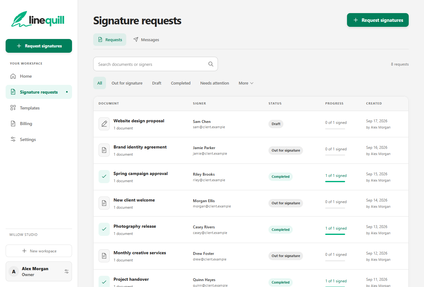 Actual Linequill signature request list for Willow Studio, with fictional client names, document statuses, and signing progress.