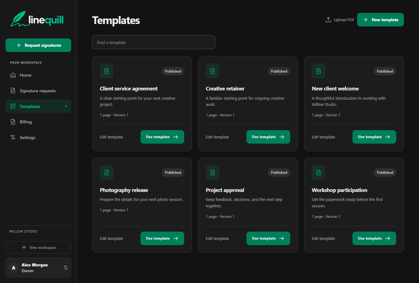 Linequill in dark mode, showing six reusable demo templates including client service agreements and project approvals.